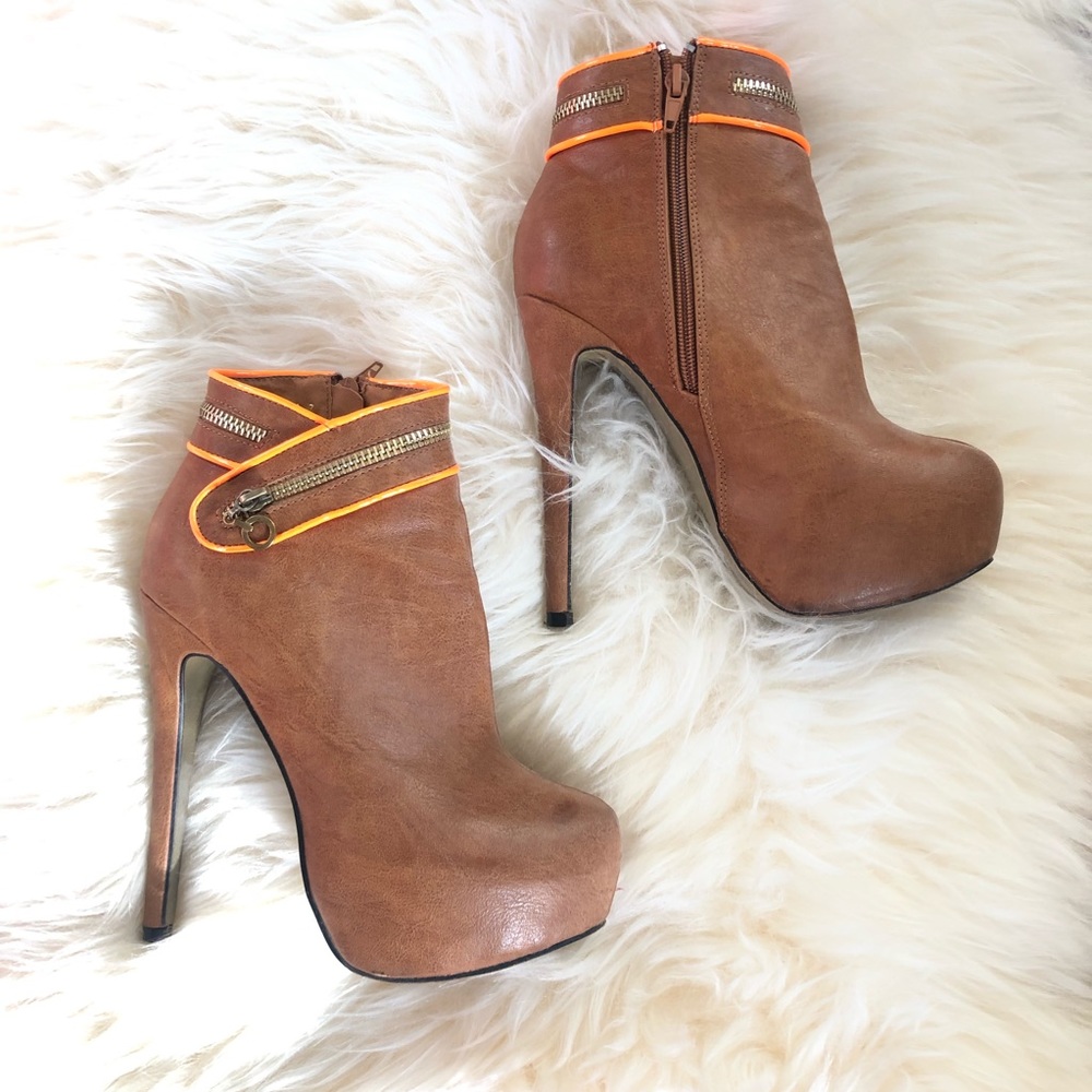 Macho platform brown booties neon orange popping